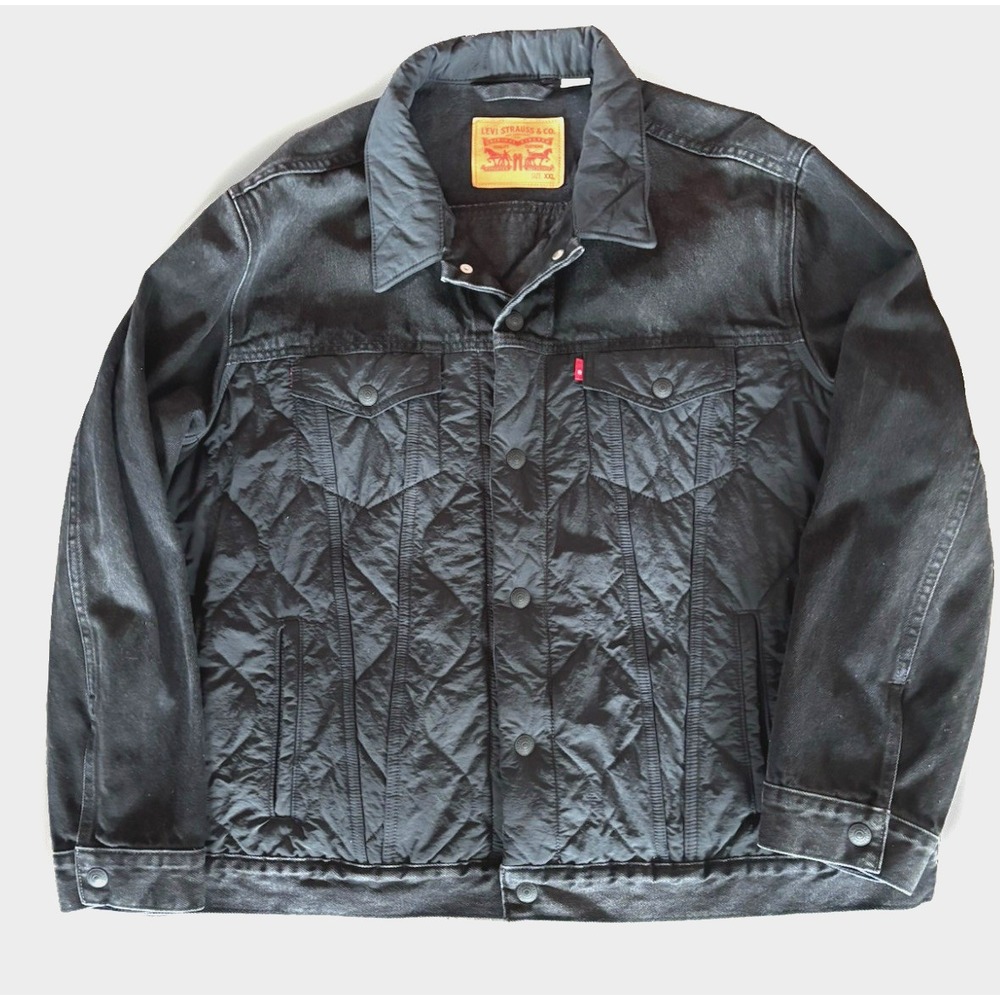 Levi's Trucker Jacket Men's XXL Black Nylon Body Denim Sleeves Quilt Lined EUC
